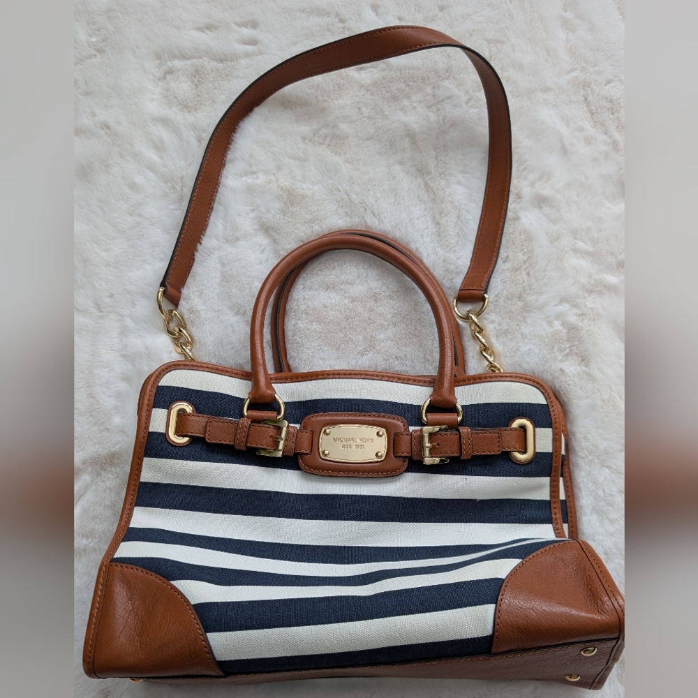 Michael Kors Hamilton East West Striped Leather-trimmed Satchel